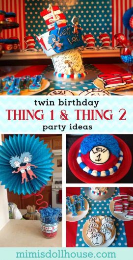 Looking for party ideas for twins? Throw a Sr. Seuss Thing 1 and Thing 2 party for your twins. This party is full of adorable cat in the hat party ideas, food, favors and more! #catinthehat #thing1 #thing2 #twinparty #twinbirthday #birthdayparty #partyideas