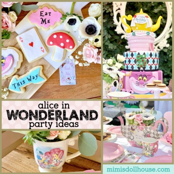 Alice in Wonderland Decorations for a Wonderland Tea Party Birthday. Curiouser and curiouser.  If the idea of an Alice in Wonderland tea party makes you smile bigger than a Cheshire cat, this gorgeous vintage style Alice in Wonderland birthday party is going to brighten your day.  There are so many fun and fancy details, some delicious themed Wonderland cookies and more! #cake #cookies #wonderland #aliceinwonderland #disney #girlparty #birthday #party #parties #partyideas